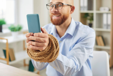 Man sits with bound hands, deeply focused on smartphone, highlighting internet and social media addiction. His immersion in digital entertainment reflects the powerful draw of the online world.の写真素材