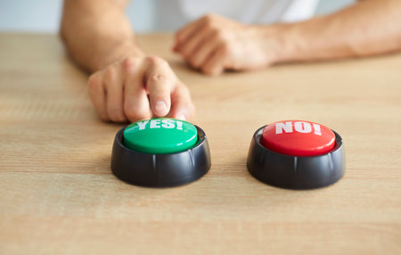 Decision and choice making concept. Unrecognizable man sits at table and select between two distinct...