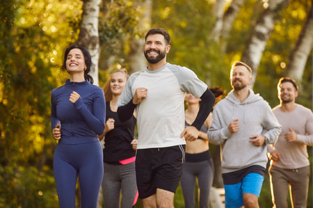 A team of athletes jogging in the park. A group of friends who enjoy running together in the fresh...