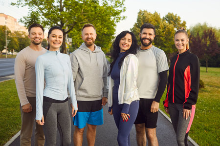 Morning run of friends team, happy runners before start of jogging training standing together on road in summer city park. Active team for running marathon. Healthy community, enthusiasm conceptの写真素材
