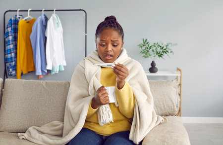 Sick young African American woman surprisingly looking on thermometer. Girl with fever sitting on couch wrapped in plaid and checking her temperature with thermometer at homeの写真素材