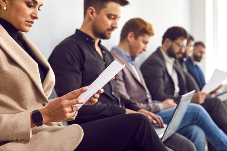Group of serious people sitting in line in office, waiting for a corporate business meeting or job interview, reading documents and working on their laptops computersの写真素材
