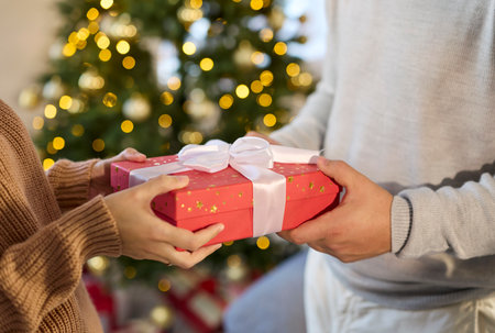 Christmas couple exchange gift present box at home. Hands share a red ribboned box before a glowing festive tree, warm lights and bokeh shaping cozy holiday mood. New Yar celebration and giving.の写真素材