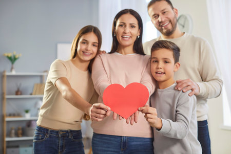 Happy mother father and two children posing together showing big heart postcard celebrating Valentines Day in family circle, have good relationships express love to everyone, posing over home interiorの写真素材