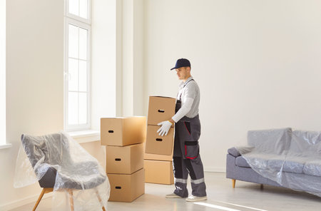 Moving delivery service, carrying cardboard box organized for storage, receiving parcels from couriers at home, delivery men holding packages, door delivery service, company baggage, sending goodsの写真素材