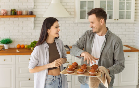 Happy loving young couple holding tray with yummy self baked tasty muffins, enjoy cooking together in modern kitchen, homemade family pastries, culinary hobby, cupcakes dessert, tasty hot fresh bakeryの写真素材