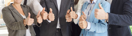 Cropped portrait of business people men and women hands showing thumbs up sign. Company employees...