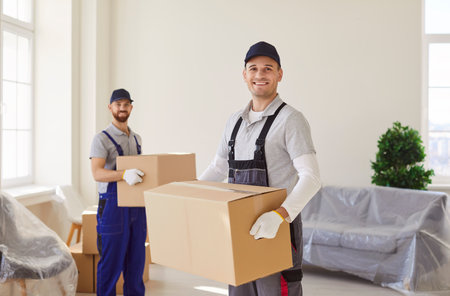 Smiling professional movers in uniform carrying cardboard boxes in bright spacious room. Workers helping with relocation, delivering packages, assisting with moving process in new modern apartment.の写真素材