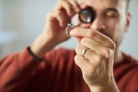 Closeup portrait of young man jeweler looking through magnifying glass examining gold ring...