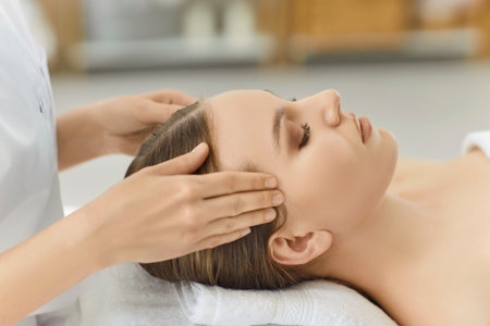 Beautiful dark haired woman has facial massage, feeling relaxed, keeping eyes closed, posing in beauty clinic. Unknown masseur massaging temples of client in spa salon. Face massageの写真素材