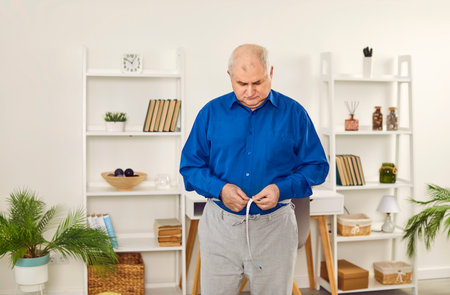 Senior man thinks he needs to lose some weight. Slightly overweight retiree with some excess belly fat standing in the living room and measuring his waist with a centimeter tape. Weight loss conceptの写真素材