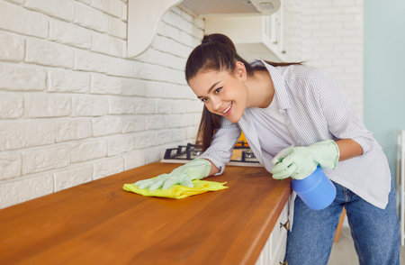 Housewife meticulously cleaning the kitchen furniture at home, ensuring a dust-free and inviting environment. Clad in gloves, she transforms household duties into a professional service.の写真素材