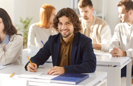 Happy smiling adult college student, businessman during training, learning on education course...