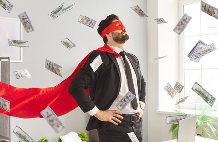 Superhero businessman, man wearing suit, mask, red cape standing confident, money cash falling...