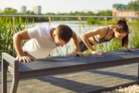 Sporty people actively exercising outdoors doing push-ups leaning hands on bench, fit friends performing exercise, wearing sports clothes, engaging in fitness activity near river strengthening musclesの写真素材