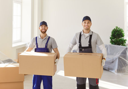 Portrait of smiling man mover team managing relocation in home or office, handling box with moving service in a professional setting with focus on efficiency and teamwork every day.の写真素材