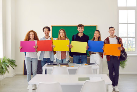 Group of smiling college students showing blank colorful posters with which to express their opinions. Funny teenagers stand in row in classroom with colored paper sheets with copy space.の写真素材