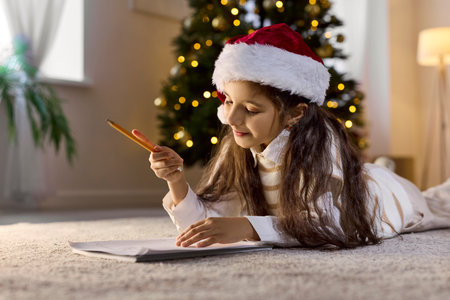 Christmas child writing letter to Santa at home. Girl lies on floor by festive tree in santa hat, focused on wishlist with pen. Winter holiday and New Year celebration and preparations concept.の写真素材