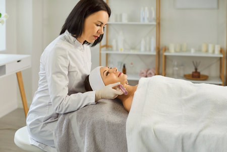 Young woman cosmetologist performing apparatus facial treatment procedure to female pretty client lying on couch. Cosmetologist working in beauty spa salon. Skin care and cosmetology conceptの写真素材