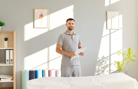 Portrait of young man physiotherapist smiling confident in rehab clinic. Male professional physical therapist standing in rehabilitation hospital and looking cheerful at camera. Physiotherapy conceptの写真素材