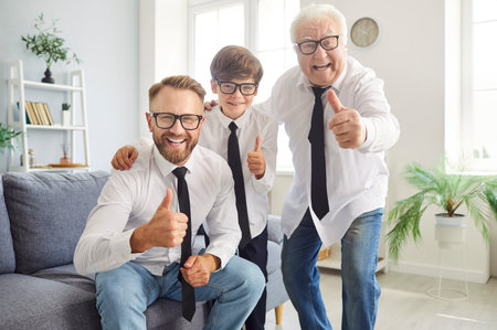 Portrait of a happy father, son, and grandfather give a thumbs up at home on Father Day. Enjoy this special occasion together, smiling and sharing a moment of happiness and pride as a family.の写真素材