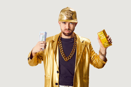 Funny young man wearing golden suit and cap holding money dollars cash banknotes and gold bar in hands isolated on white studio background. Finance, success and investment concept.の写真素材