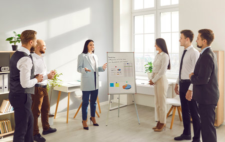 Office company presentation, businesswoman presenting new project, results to business partners. Delivering effective performance, planning, group education for organization, teaching or trainingの写真素材