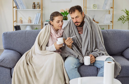 Sick couple with fever on home sofa. Wrapped in blanket, they use tissue, cough, and check thermometer. Illness from virus leaves them tired with cup of hot tea. Symbolizes home flu recovery.の写真素材