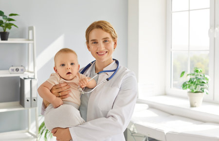 Portrait of a friendly smiling female doctor pediatrician holding little child baby patient in hands during medical examination in clinic or at hospital. Pediatric and health care concept.の写真素材