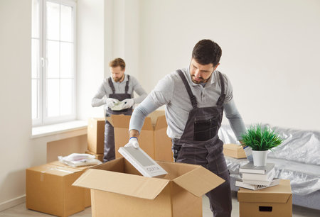 Team of young confident professional workers movers in overalls delivering and unpacking cardboard boxes in new office or at home. Move, moving day and relocation concept.の写真素材