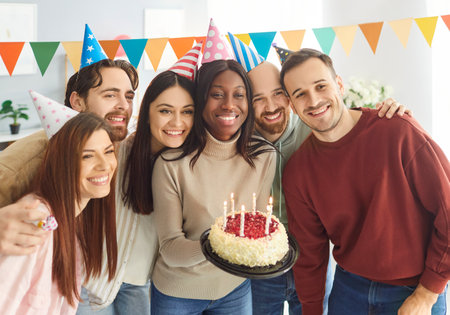 Happy birthday day cake celebration, friendly group portrait, young diverse friends party together for special event, smiling people gathering making fun, enjoy time, wishing great happiness, joyの写真素材