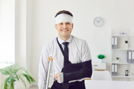 Portrait of a happy businessman stands on crutches in an office, with broken arm and leg from an accident. Resilience and positivity, showing his ability to cope with the injury and trauma.の写真素材