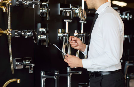 Young salesman working in construction market standing with clipboard near the showcase of plumbing shop. Man manager at work in big shopping mall or hardware store looking at faucetsの写真素材