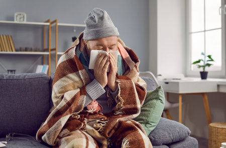 Sick elderly man sneezes, feels unwell and chills. Old man is sitting at home, warmly wrapped in warm blanket, dressed in knitted sweater and hat. Healthcare concept.の写真素材
