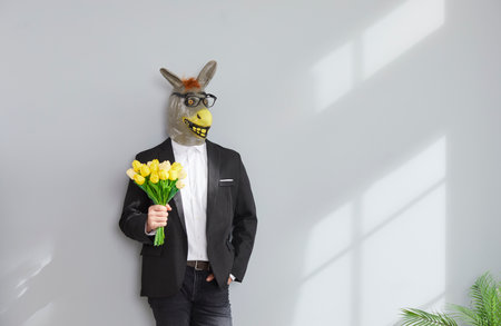 Funny man in suit wearing animal donkey mask on head standing with bouquet of tulip flowers on grey wall background with copy space. Creative advertising, entertainment, fun and celebrating concept.の写真素材