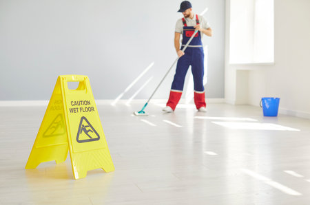 Professional cleaning service worker cleaner, janitor wearing protective uniform, mopping floor, domestic or commercial washing for household, office, yellow wet floor warning sign in public placeの写真素材