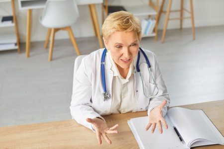 Female doctor explaining, general practitioner talking online at desk, giving video call consultation for patient, mature nurse, therapist speaks to share information provide support, clarifyingの写真素材