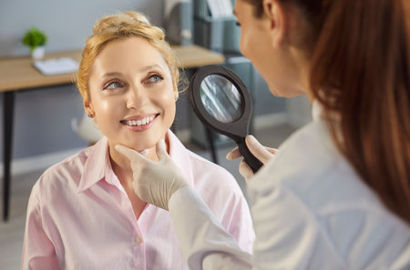 Patient face skin examination by dermatologist with magnifying glass in medical office. Doctor in gloves looking through magnifier at young woman for diagnosis. Dermatology, health checkup conceptの写真素材
