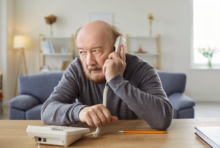 Serious mature man having conversation, holding handset near ear, making telephone call, has bored...