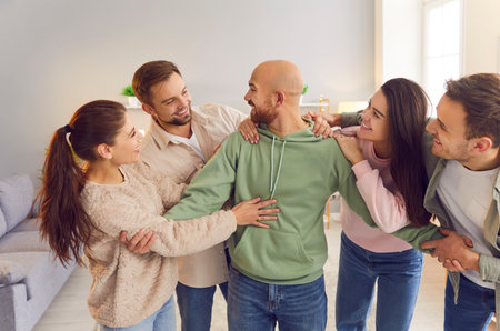 Friendly helping people, friends in community for support activity, social assistance program. Group...