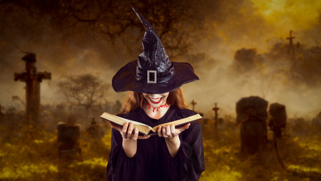 Witch summons spirit or raises someone from dead. Woman with blood on neck and face hidden under hat...