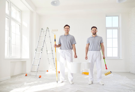 Smiling successful male painters or construction workers, professional service team standing near stepladder wearing protective uniform ready for preparation, painting with paint roller brush toolの写真素材