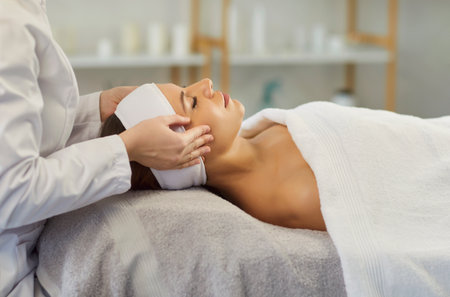Side view of young woman relaxing during facial massage procedure at spa salon. Female client lying on massage table with eyes closed and enjoying skincare treatment and professional therapy.の写真素材