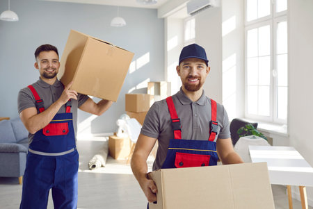 Delivery, moving, forwarding, loader or courier. Two smiling delelivery men or transportation workers carry cardboard boxes for moving to apartment. Male employees of company moving in overalls.の写真素材