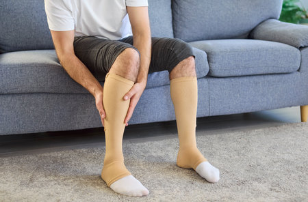 Man in medical compression socks massaging painful calves. Beige hosiery supports legs and varicose...