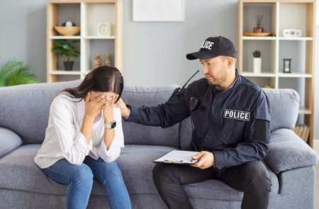 Sad woman victim, visibly crying, speaks to a police officer or detective at home during a burglary...