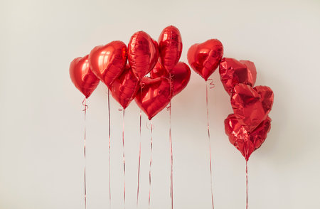 Happy Valentines Day balloons decorations, heart shaped red foil decor, wedding party, birthday baby shower, romantic gift, proposal of marriage, love, mothers day, engagement, romantic special nightの写真素材