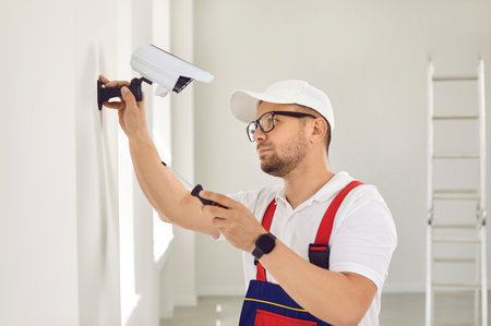 A Caucasian male repairman in uniform and glasses holds a screwdriver and installs video surveillance equipment on the wall inside the room. The concept of security and protection.の写真素材