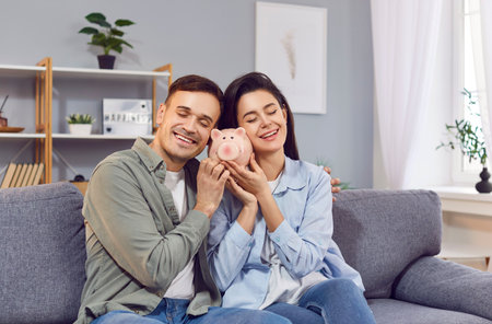 Young couple sits together on a couch at home, holding a piggy bank and embracing. They are happy and content, a portrait of family unity and love, saving money together, providing financial wealth.の写真素材