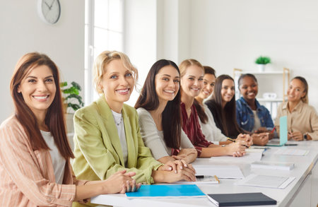 Team of successful beautiful business women having a work meeting. Group portrait of happy smiling...
